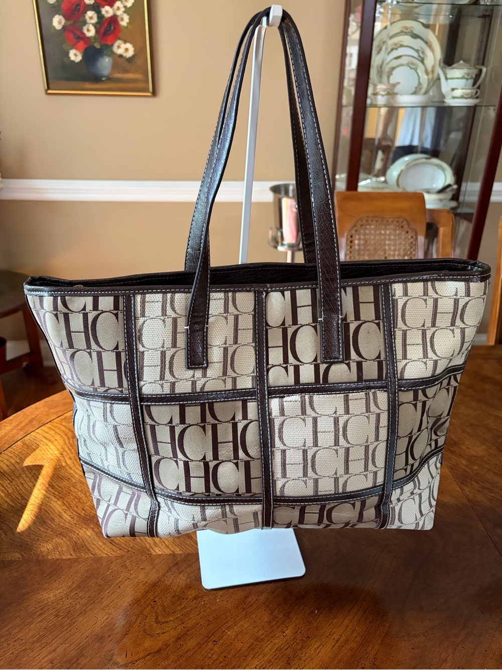 Carolina Herrera Signature Canvas Tote Bag in Beige and Brown